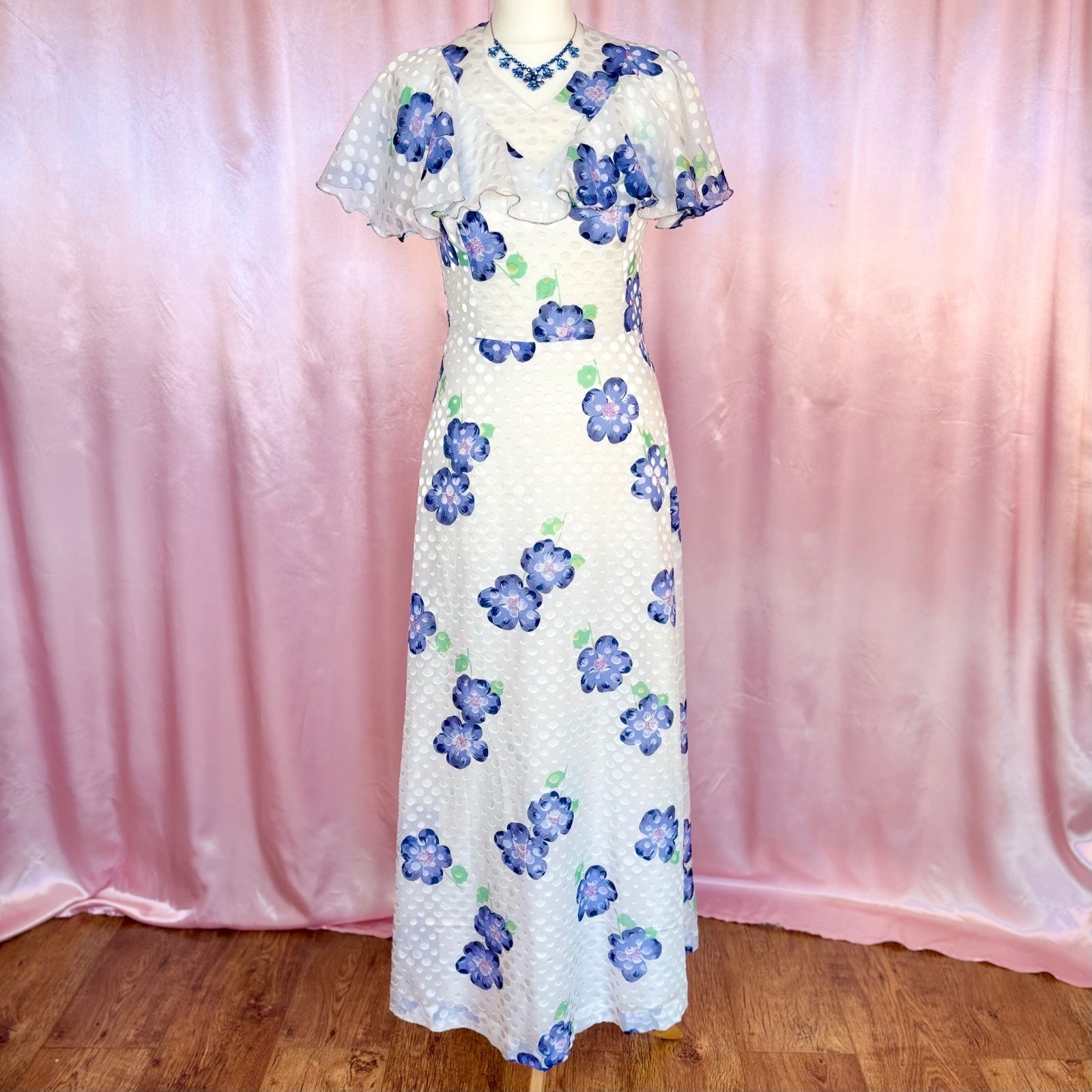 1970s White floral maxi dress, by Robilyse, size 8