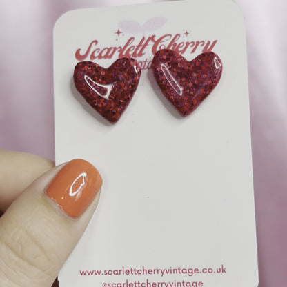 Handmade red glitter heart clay studs