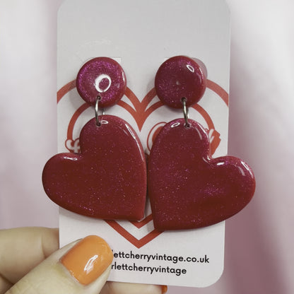 Handmade Red sparkly heart clay earrings