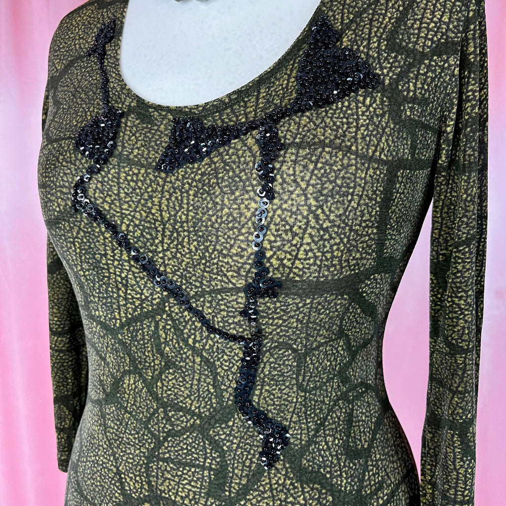 1990s slinky Khaki maxi dress, by Vera Finzzi, size 14