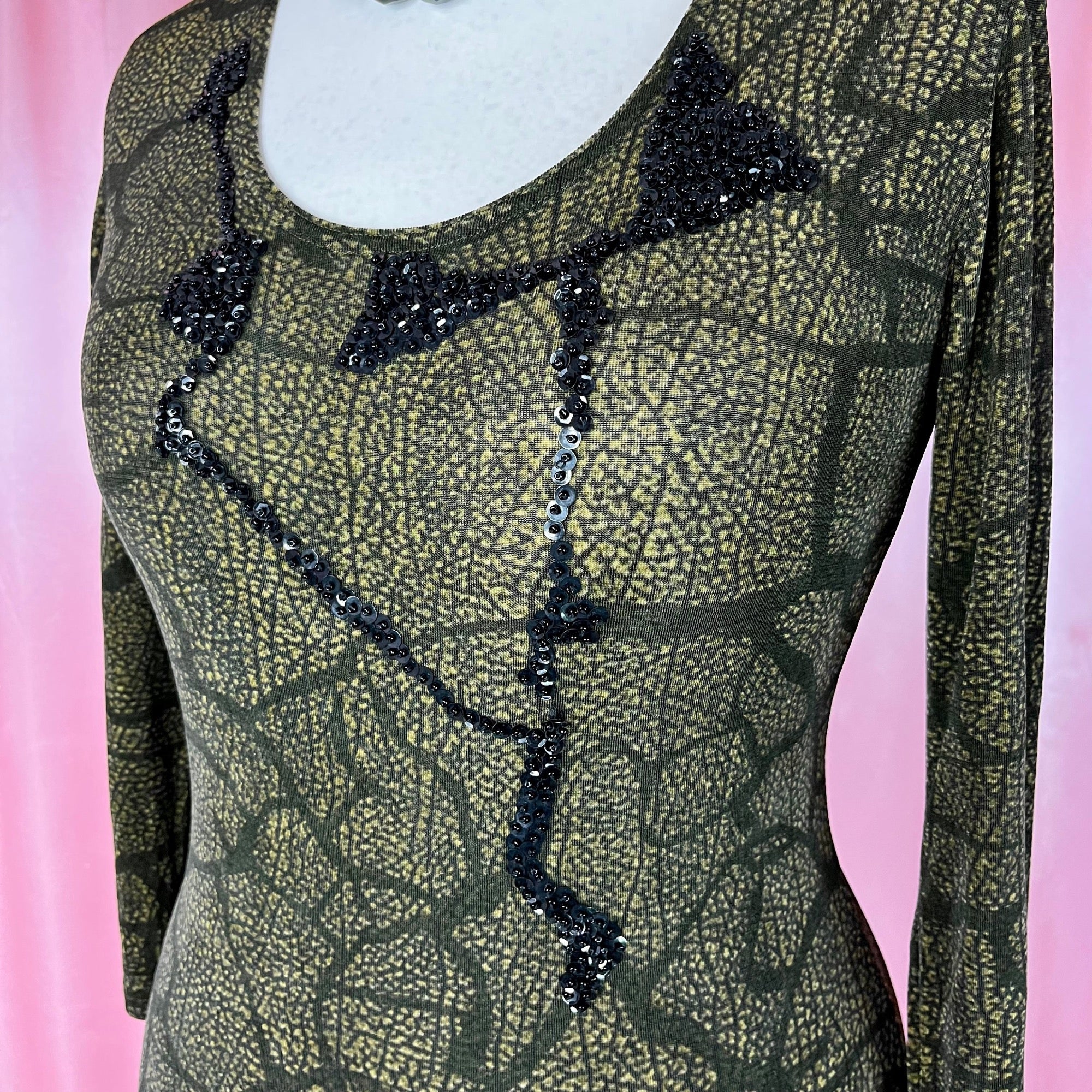 1990s slinky Khaki maxi dress, by Vera Finzzi, size 14