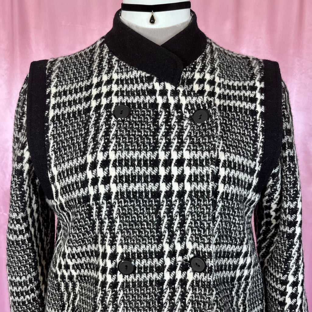 1980s Black & White plaid coat, by David Barry, UK 18