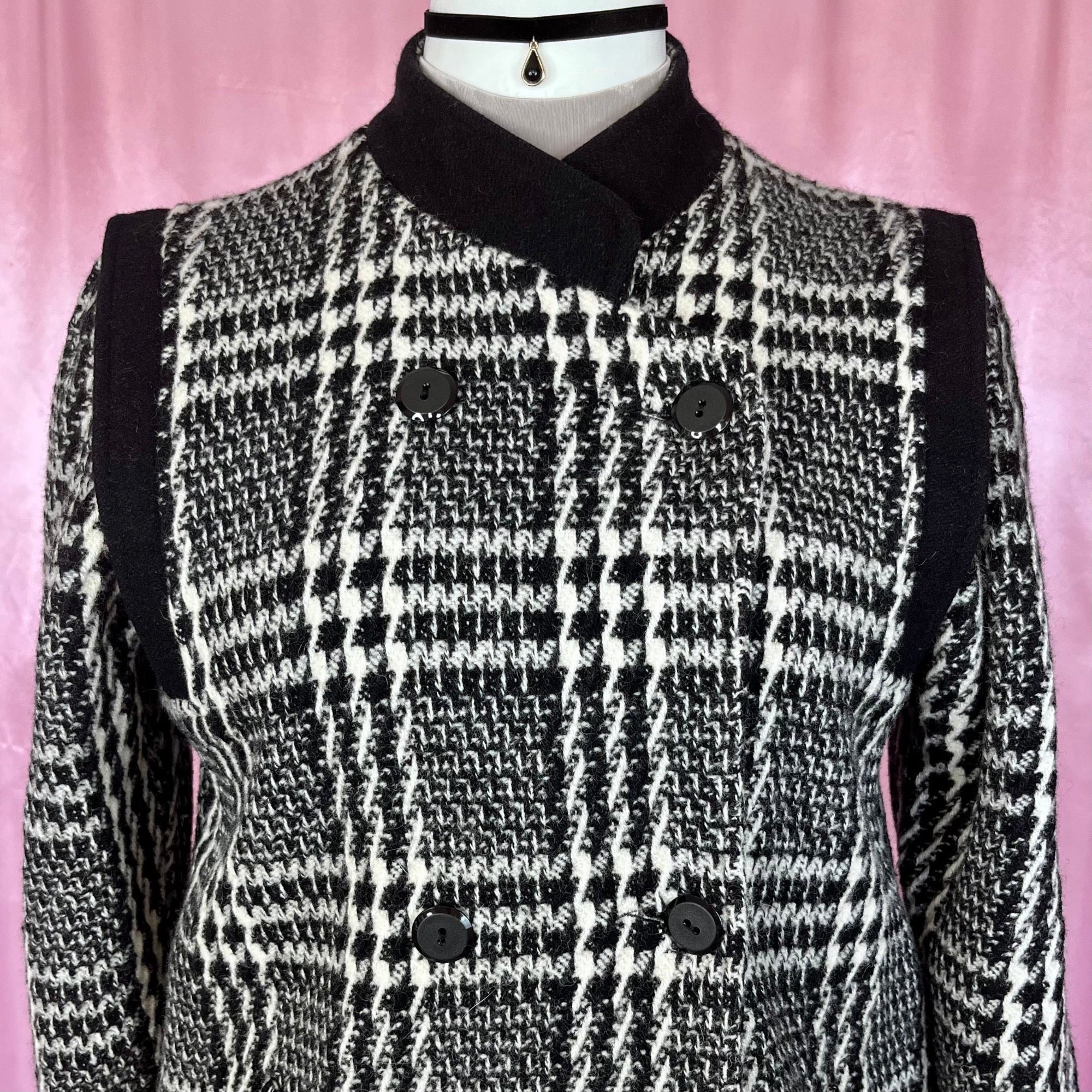 1980s Black & White plaid coat, by David Barry, UK 18