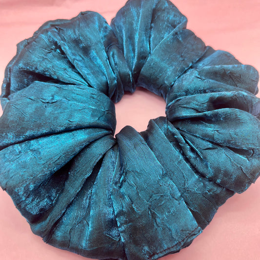 Oversized blue crushed satin scrunchie