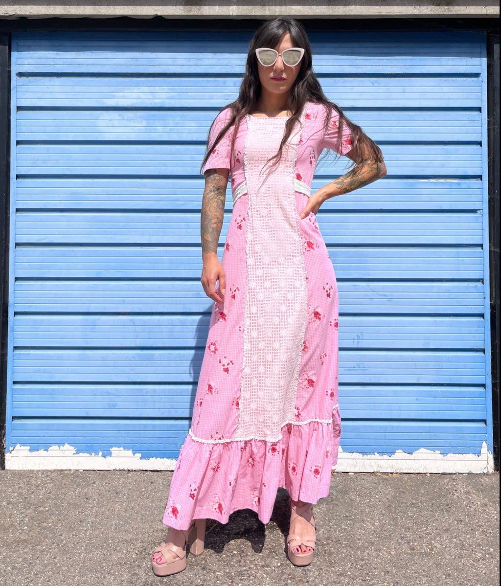 1970 Pink floral prairie dress, handmade, size 6