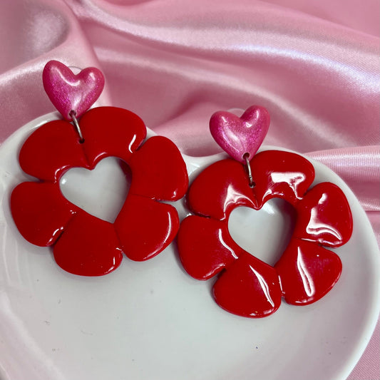 Handmade Pink & Red flower clay earrings