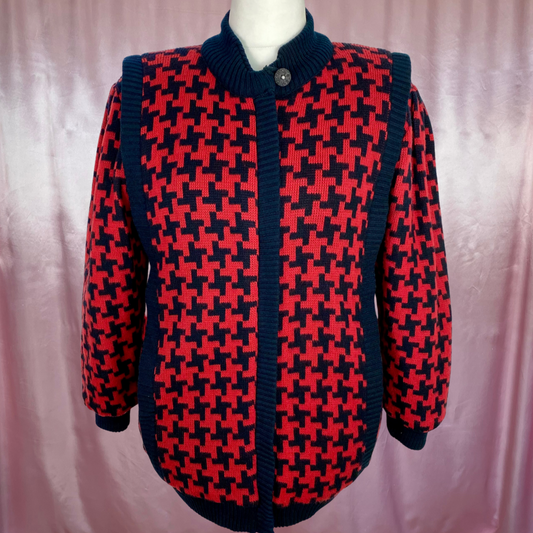 1980s Red houndstooth coatigan, by Per Fume, size 16