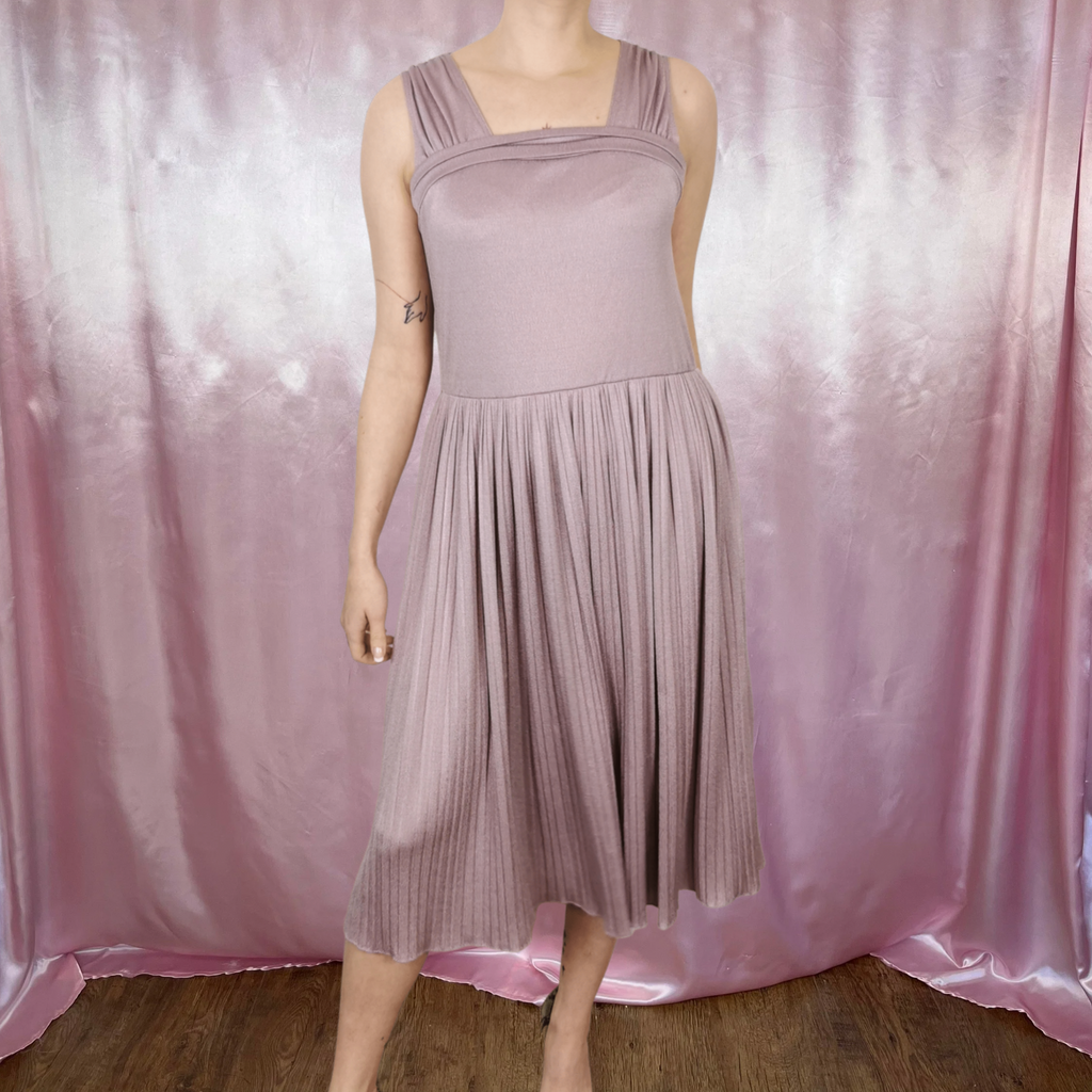 1970s lilac pleated dress, by Mag Fortail Paris, size 10