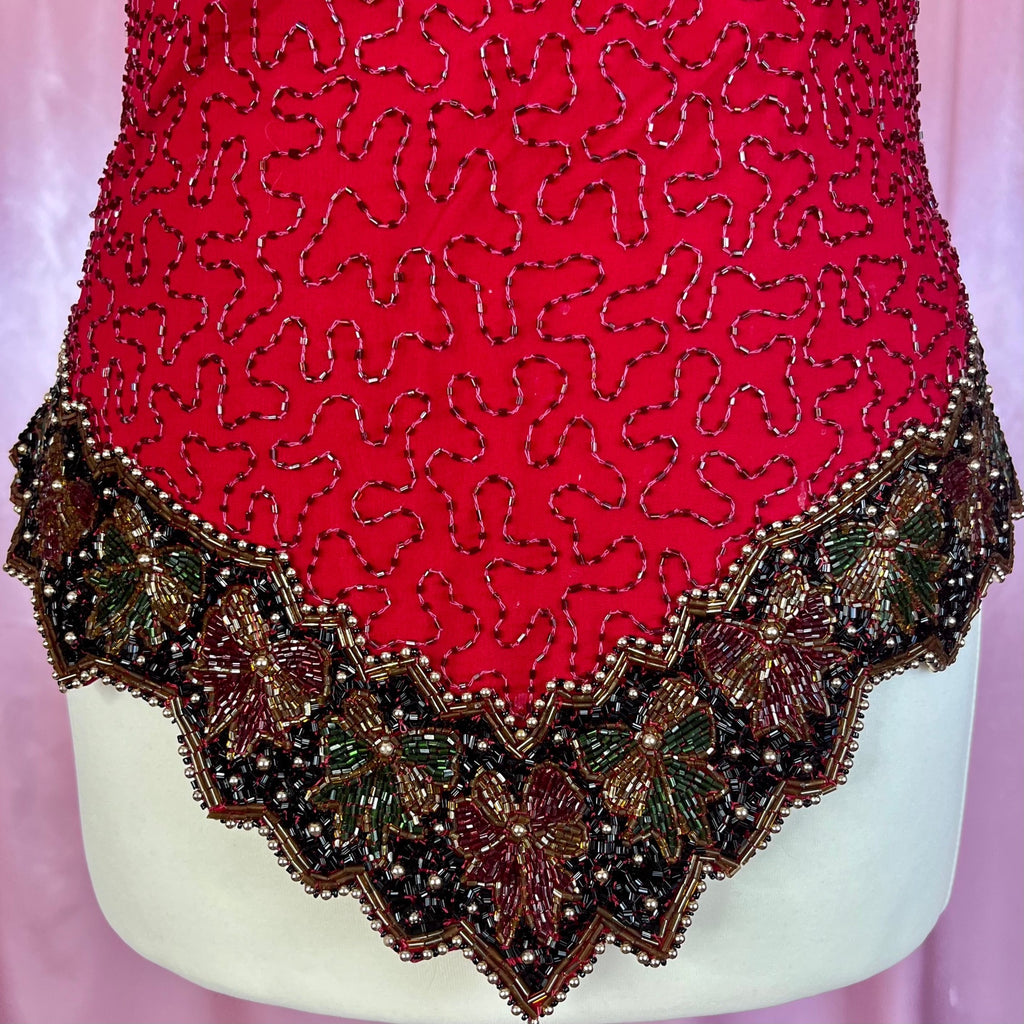 1980s Red beaded top, by Laurence Kazan, size 6