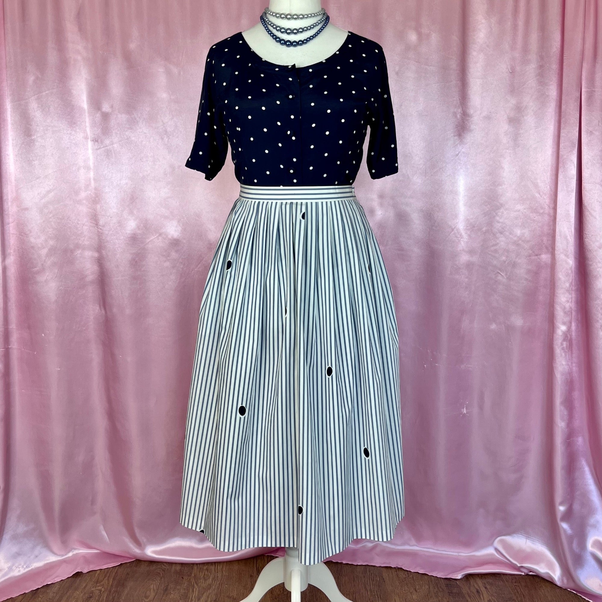 1980s white stripey midi skirt, by Jaeger, size 12