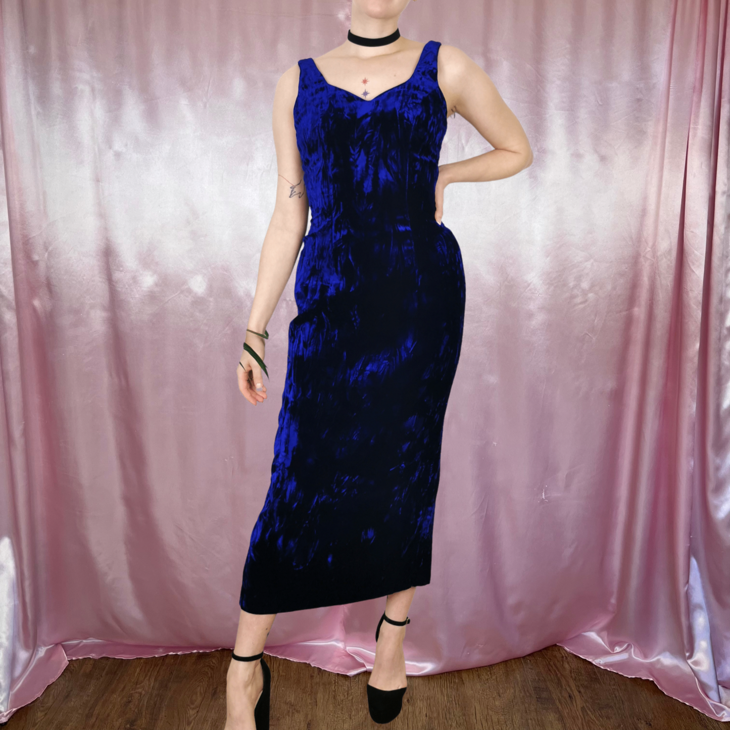 1980s Blue velvet wiggle dress, unbranded, size 8