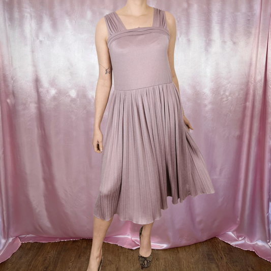 1970s lilac pleated dress, by Mag Fortail Paris, size 10