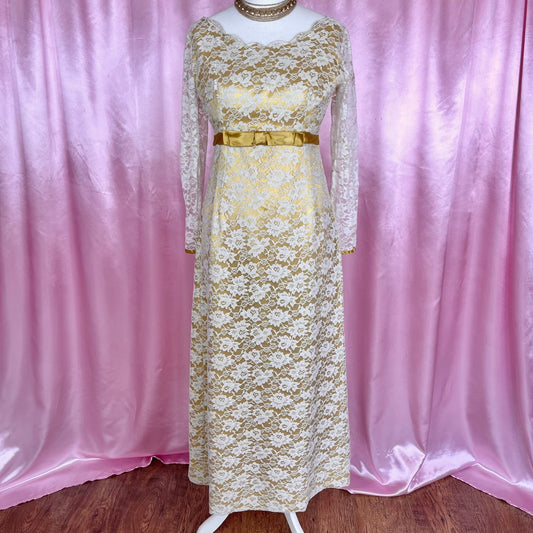 1960s Yellow & lace dress, Handmade, size 12
