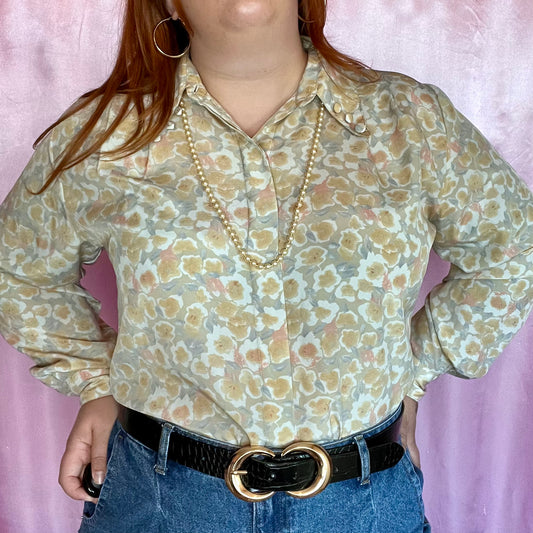 1980s beige floral blouse, Unbranded, size 16