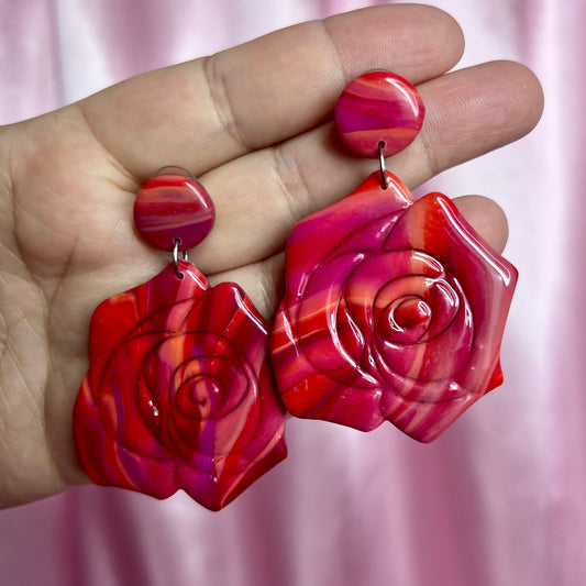 Handmade marbled Red & Pink rose clay earrings