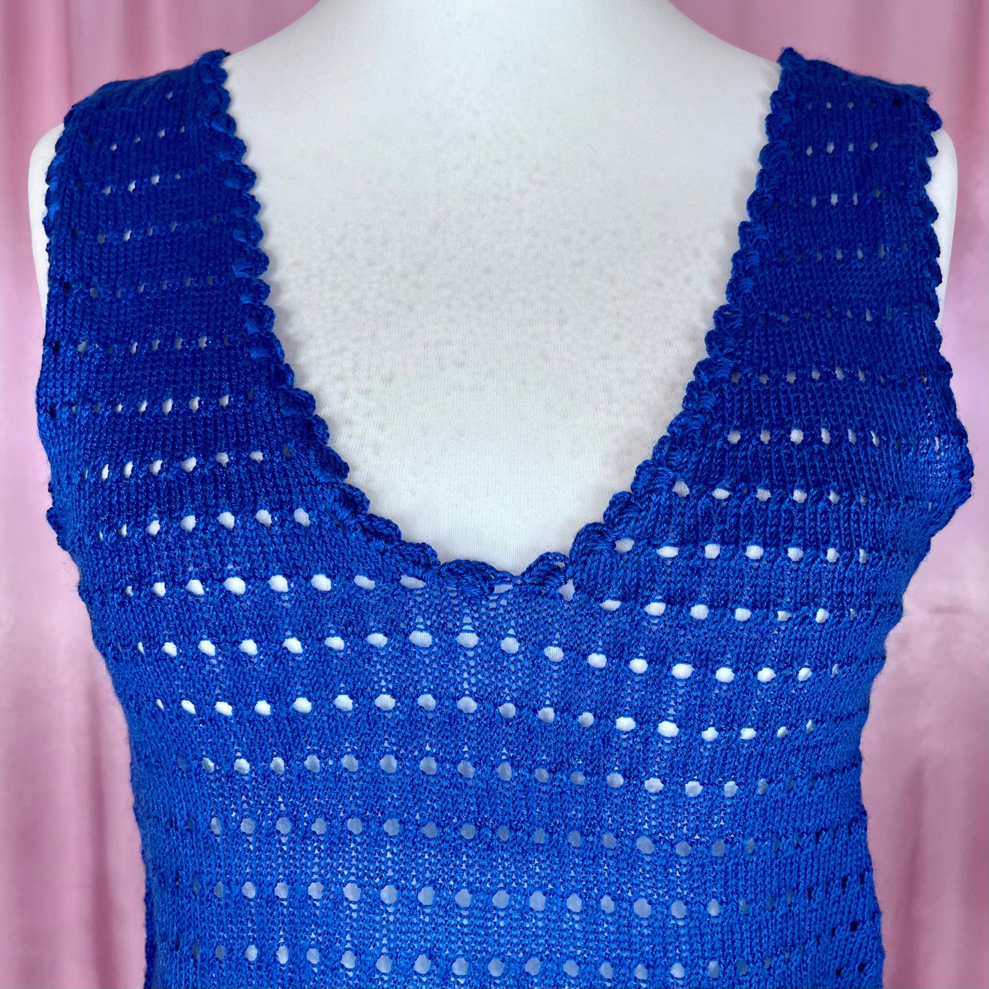 1970s Royal Blue knit tank top, handmade, size 10