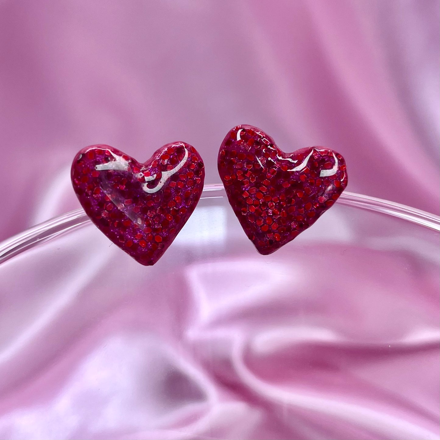 Handmade red glitter heart clay studs