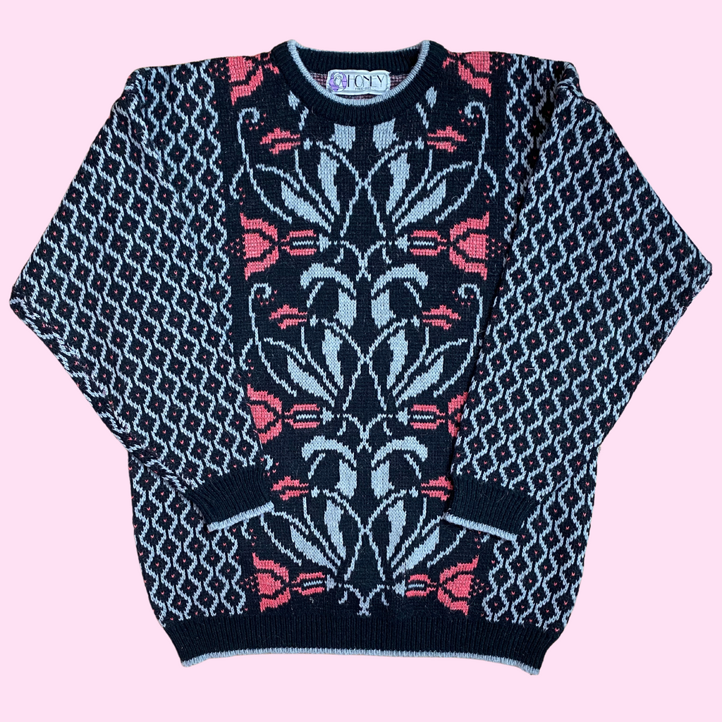 1980s black patterned jumper, by Honey, size 12