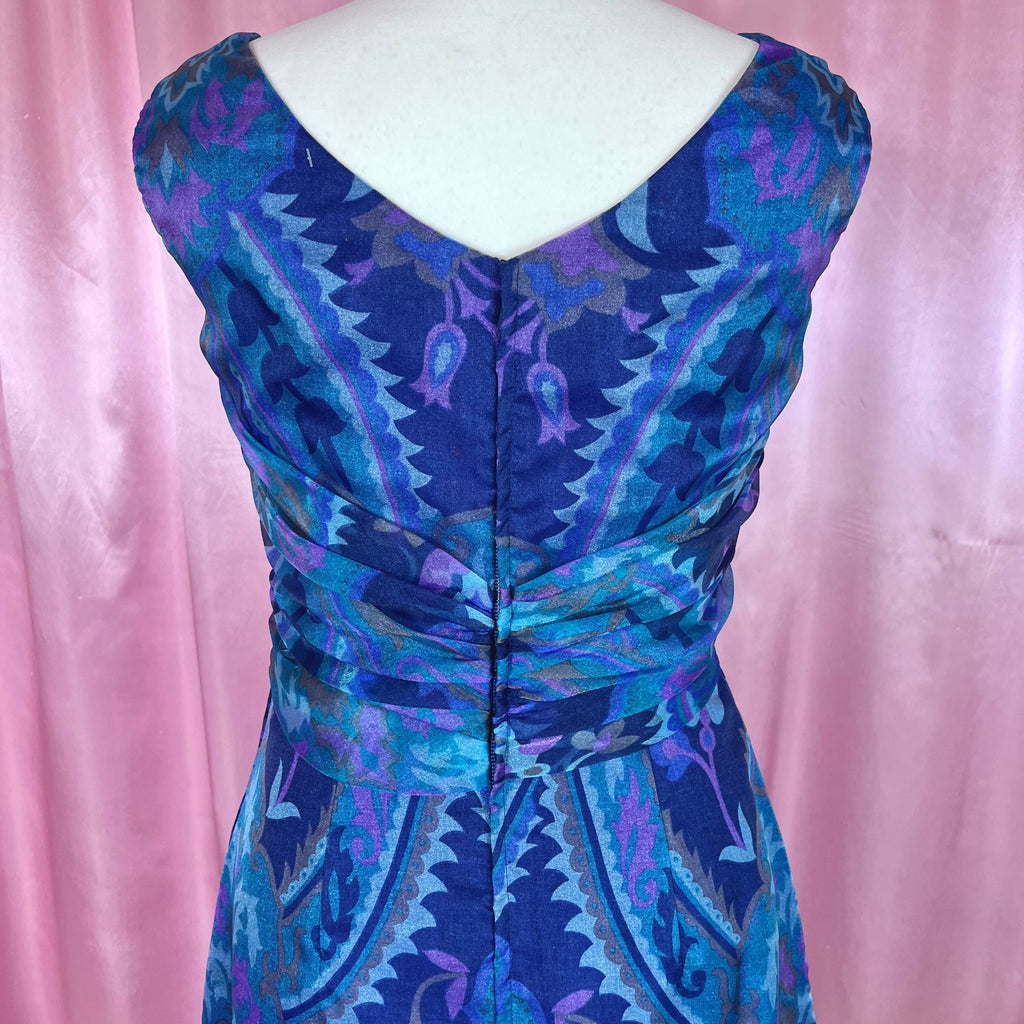 1960s Blue patterned maxi dress, by Cresta, size 10