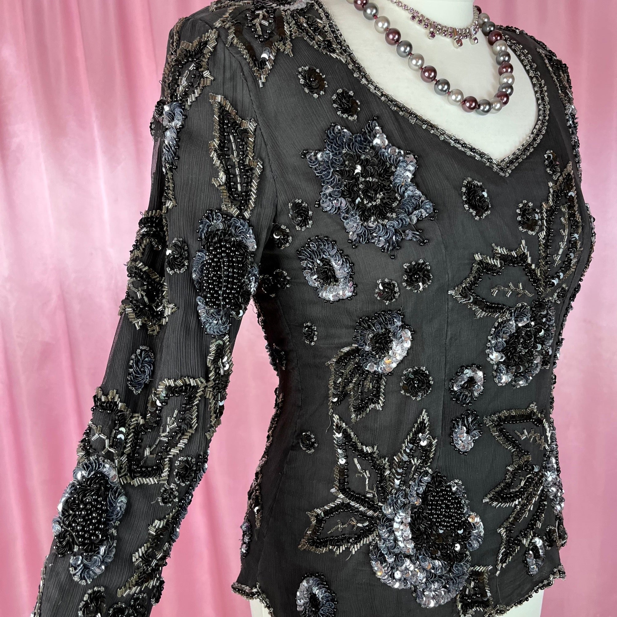 1980s black bead & sequin top, by Reine Seide, size 8