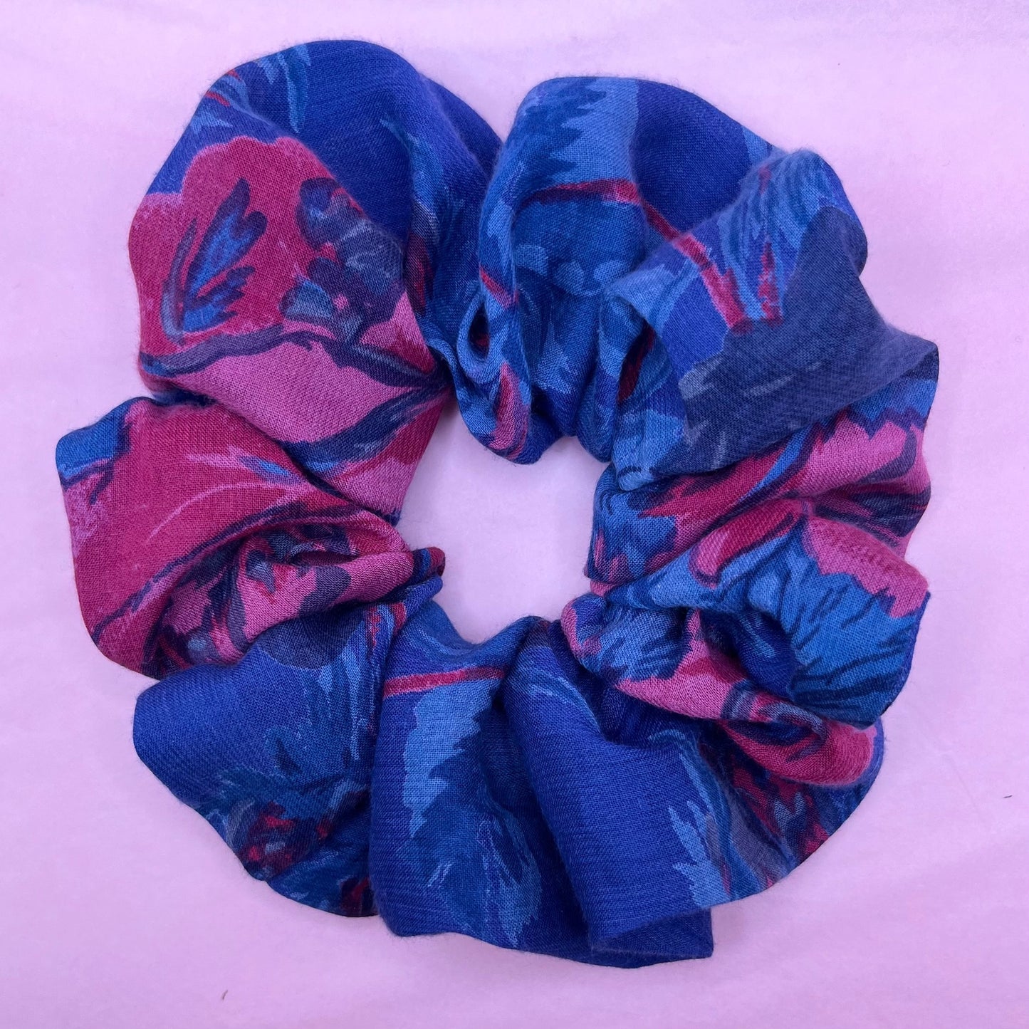 Reworked handmade blue & pink floral scrunchie