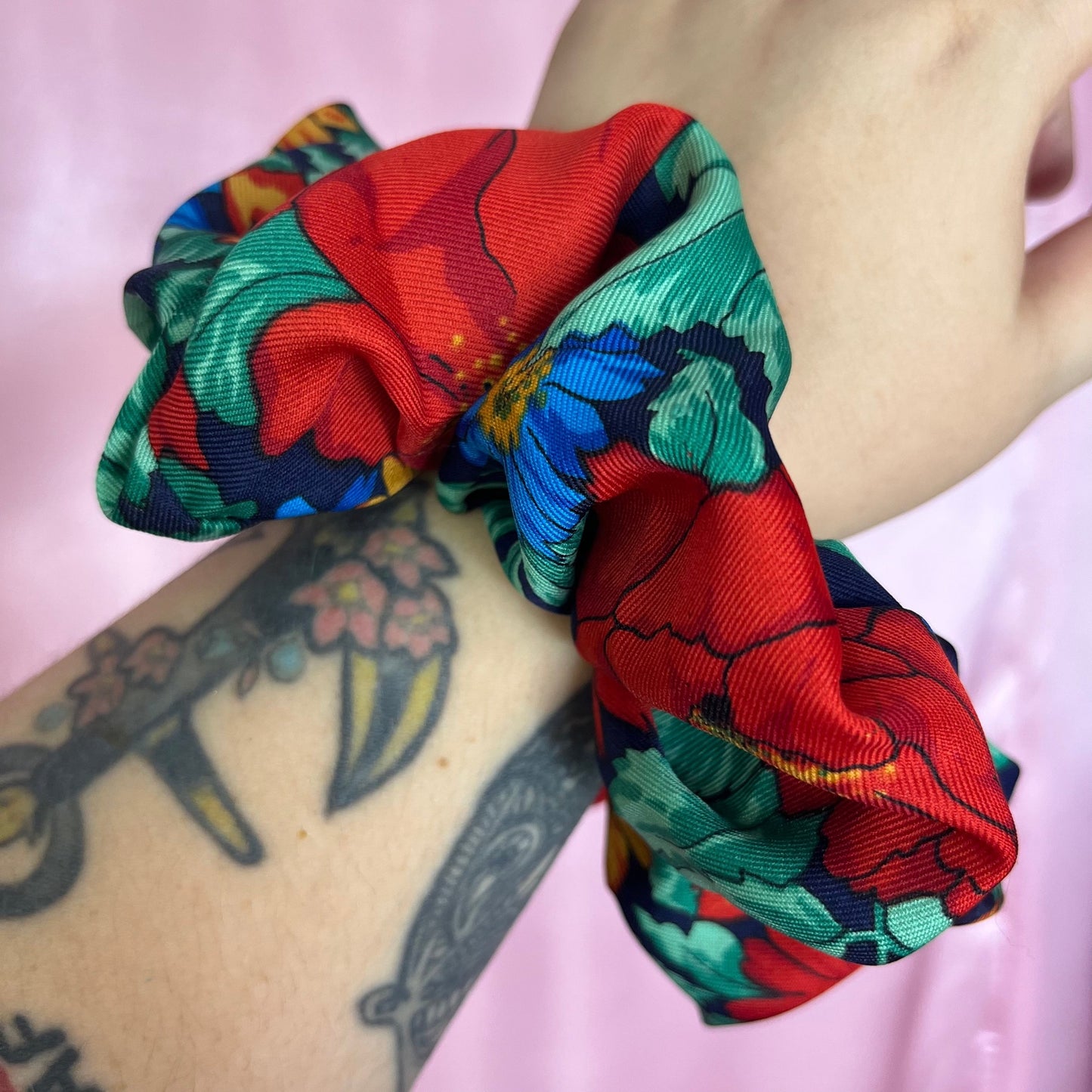 Reworked handmade blue & red floral scrunchie