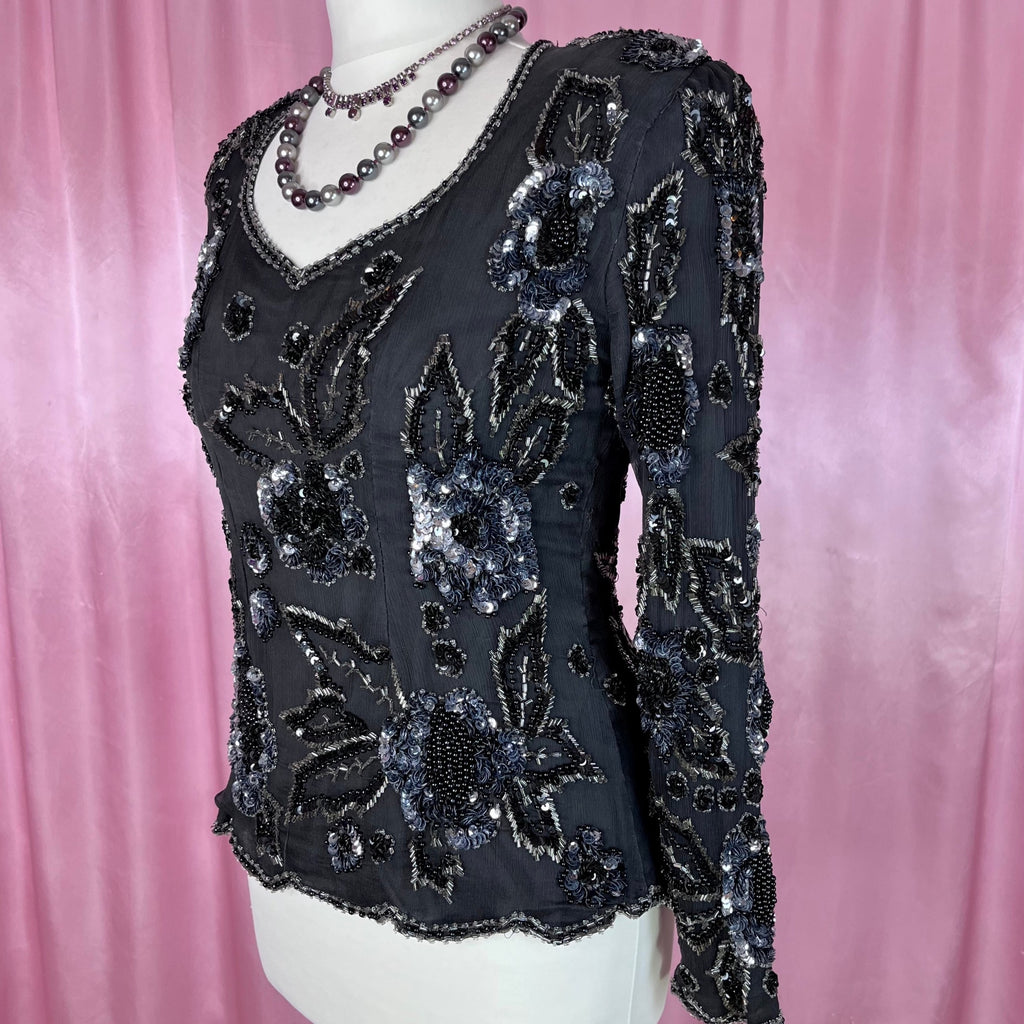 1980s black bead & sequin top, by Reine Seide, size 8
