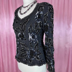 1980s black bead & sequin top, by Reine Seide, size 8