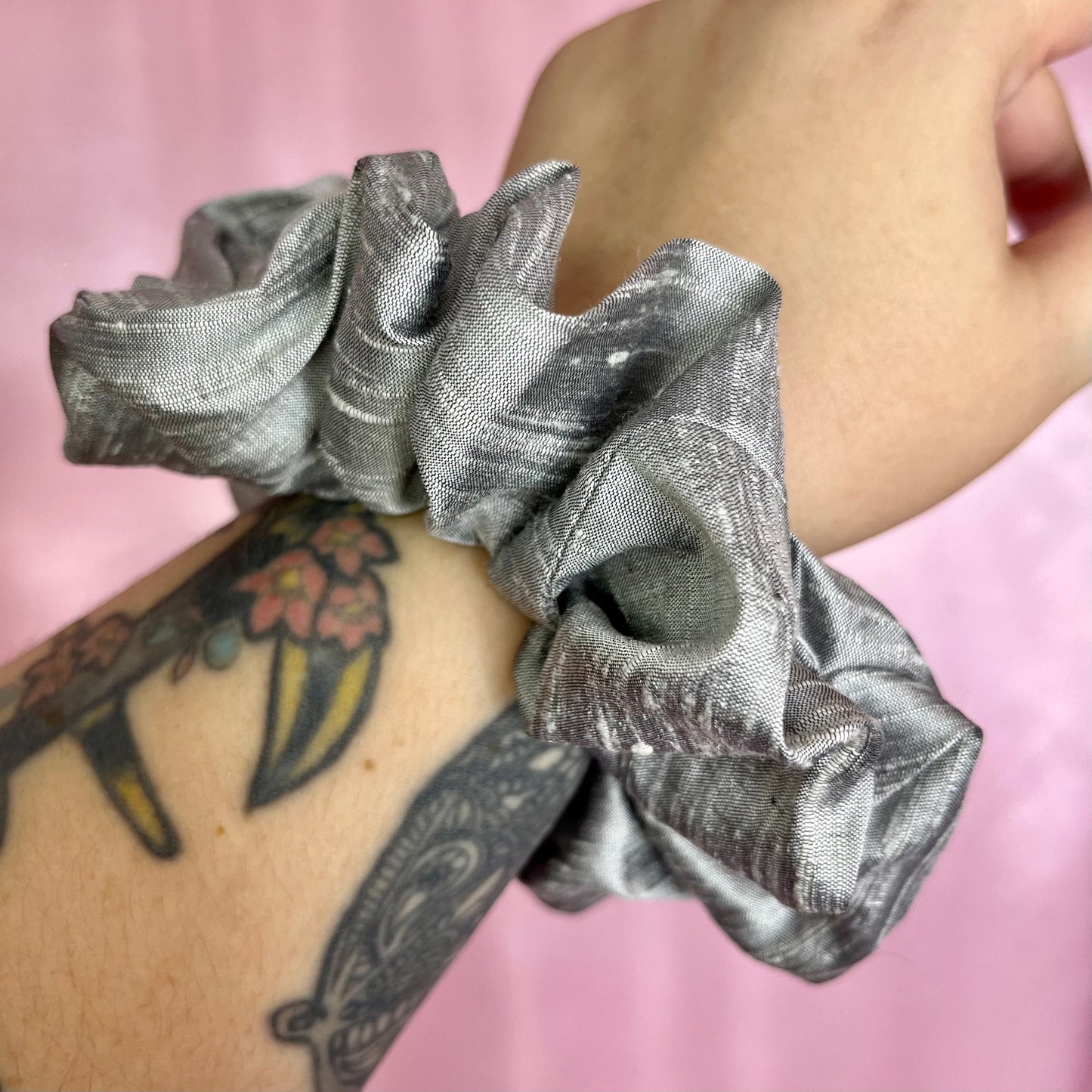 Handmade pale grey slub silk scrunchie