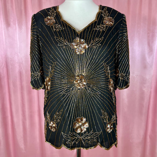 1980s Black beaded top, by Serenade, size 14/16