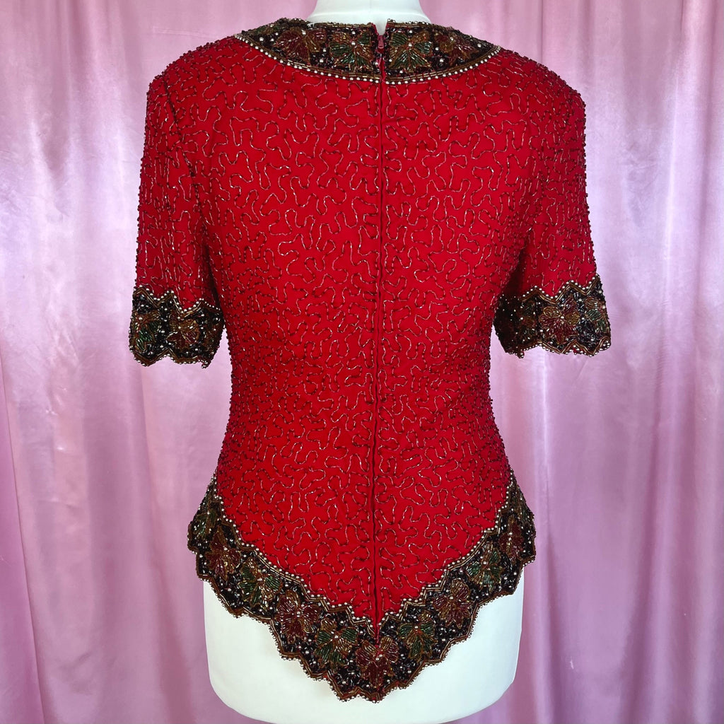 1980s Red beaded top, by Laurence Kazan, size 6