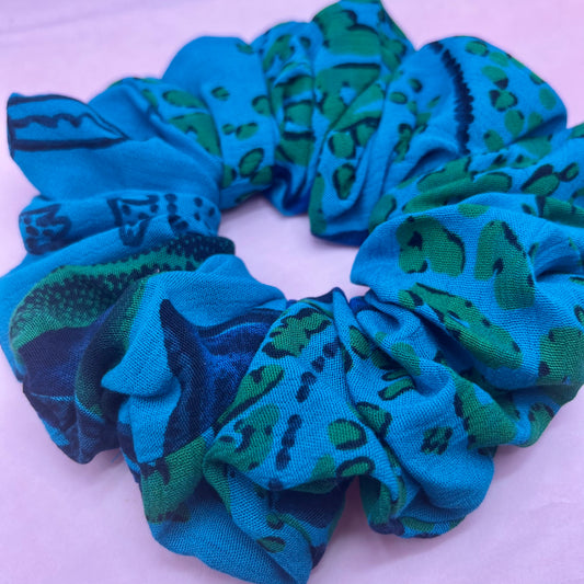 Reworked handmade blue patterned scrunchie