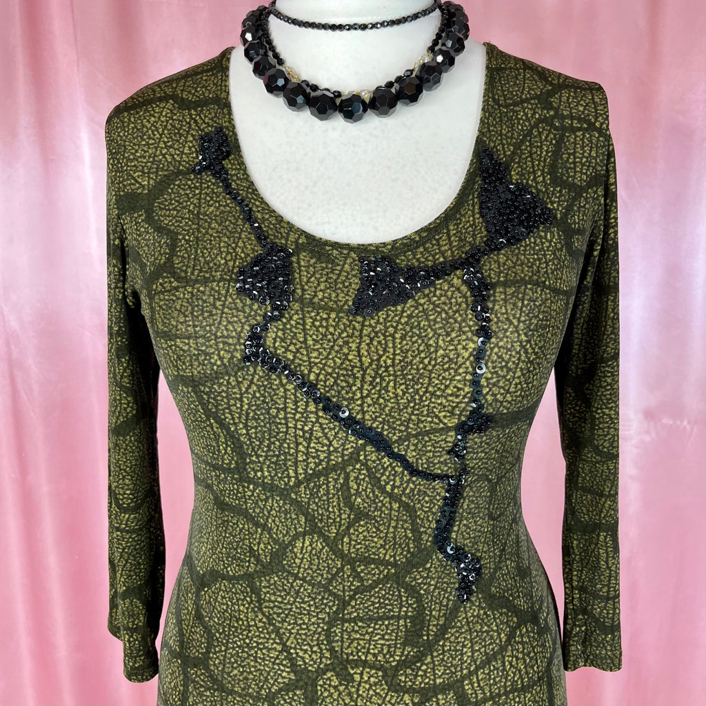 1990s slinky Khaki maxi dress, by Vera Finzzi, size 14