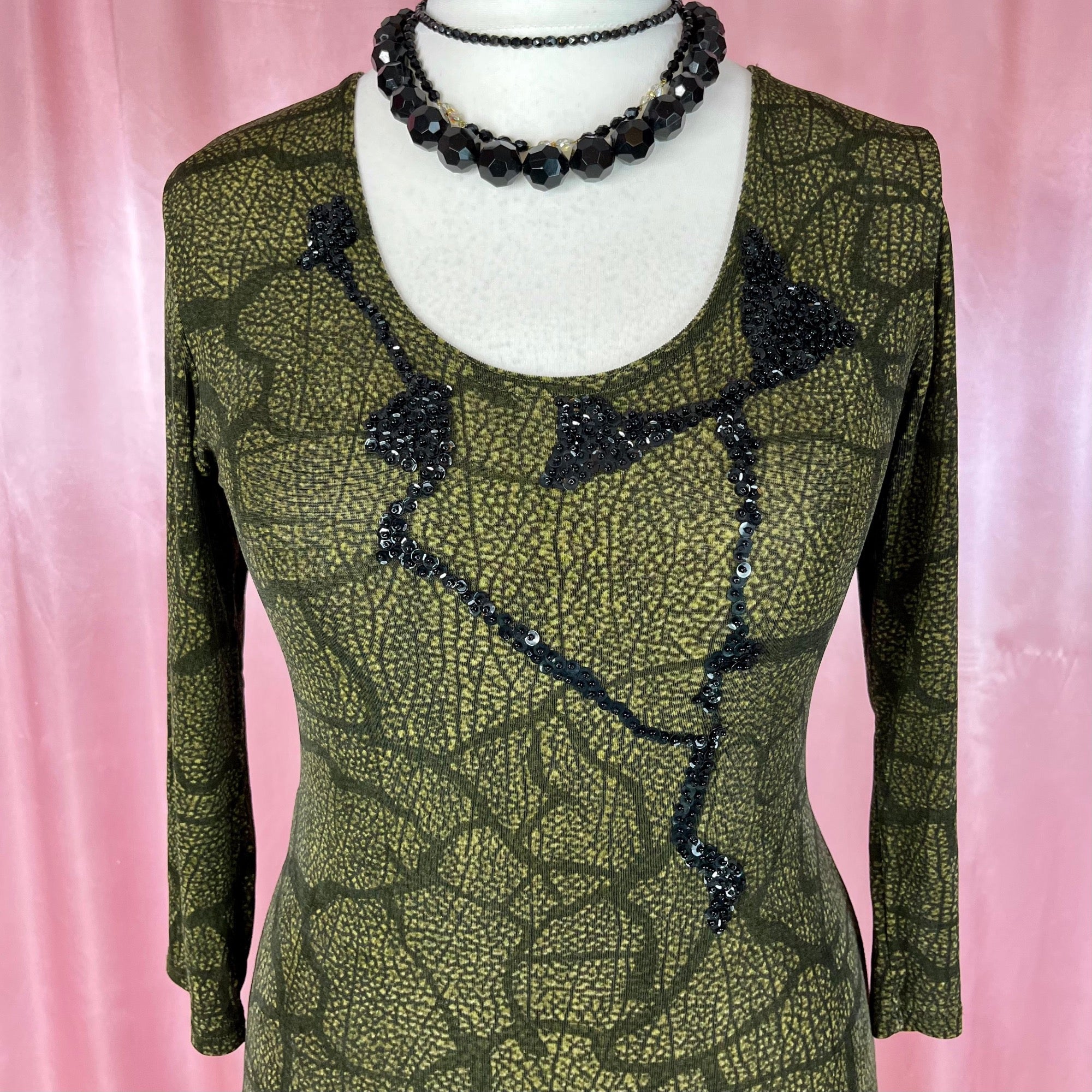 1990s slinky Khaki maxi dress, by Vera Finzzi, size 14