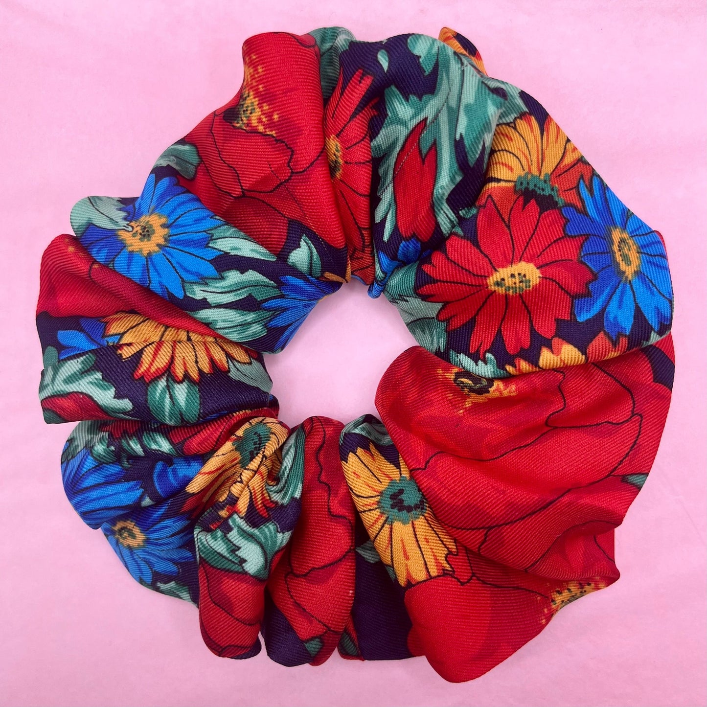 Reworked handmade blue & red floral scrunchie