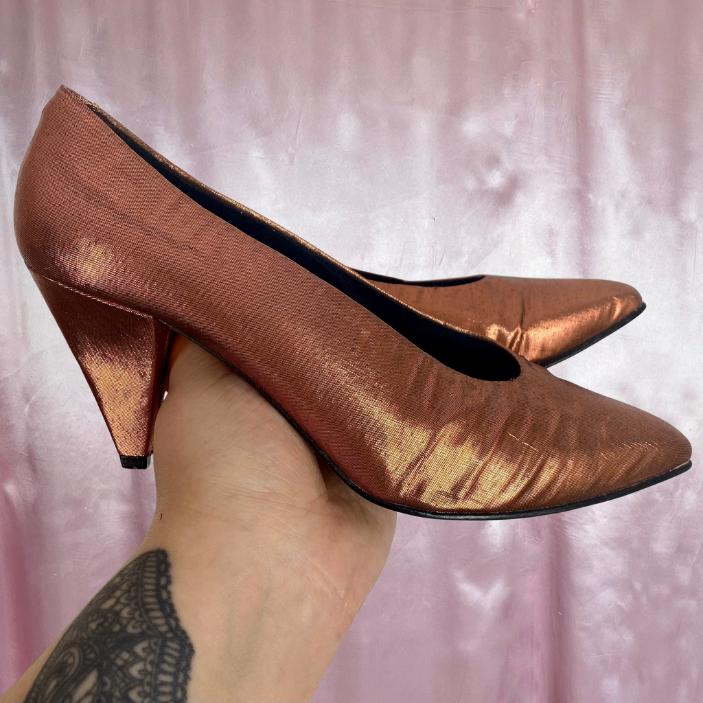 1980s metallic copper heels, by Laceys Footwear, size 5/38