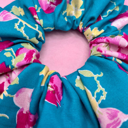 Handmade Teal floral cotton scrunchie