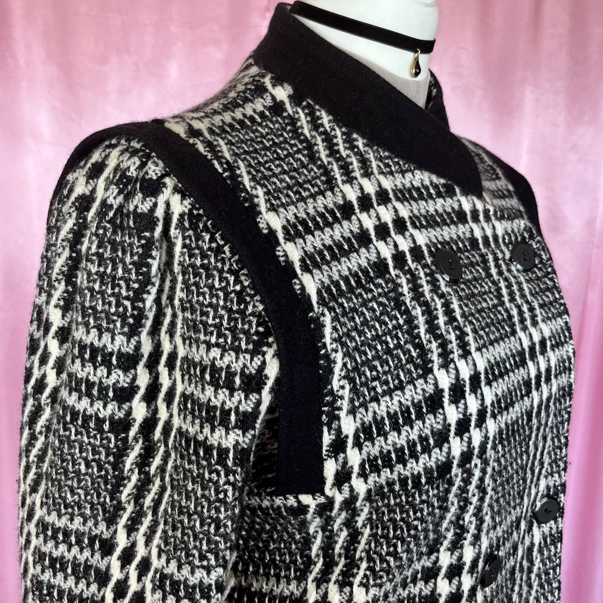 1980s Black & White plaid coat, by David Barry, UK 18