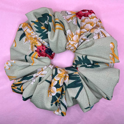 Oversize reworked green floral scrunchie