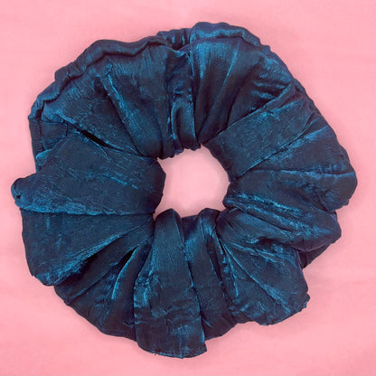 Oversized blue crushed satin scrunchie