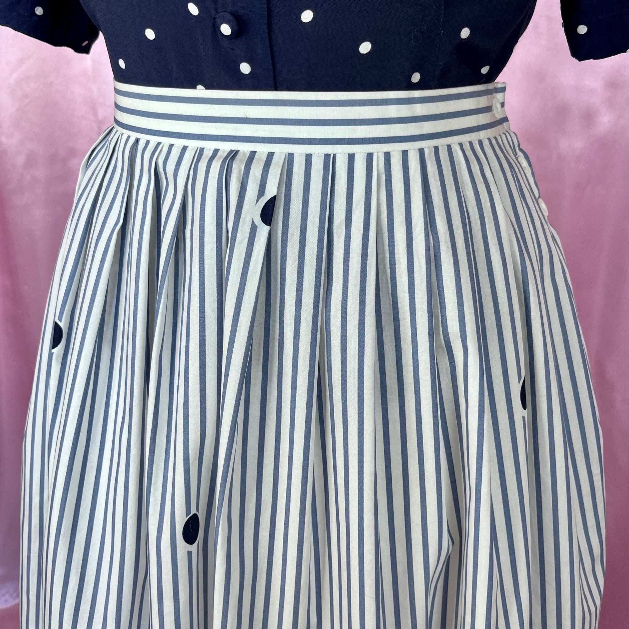 1980s white stripey midi skirt, by Jaeger, size 12