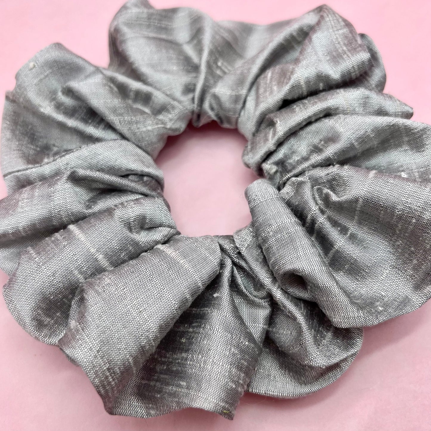 Handmade pale grey slub silk scrunchie