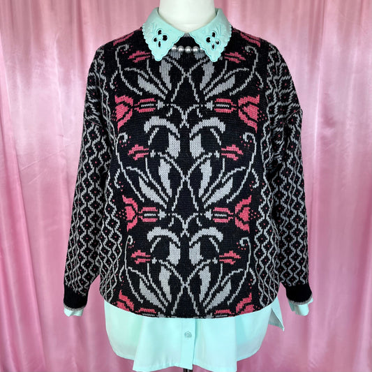 1980s black patterned jumper, by Honey, size 12