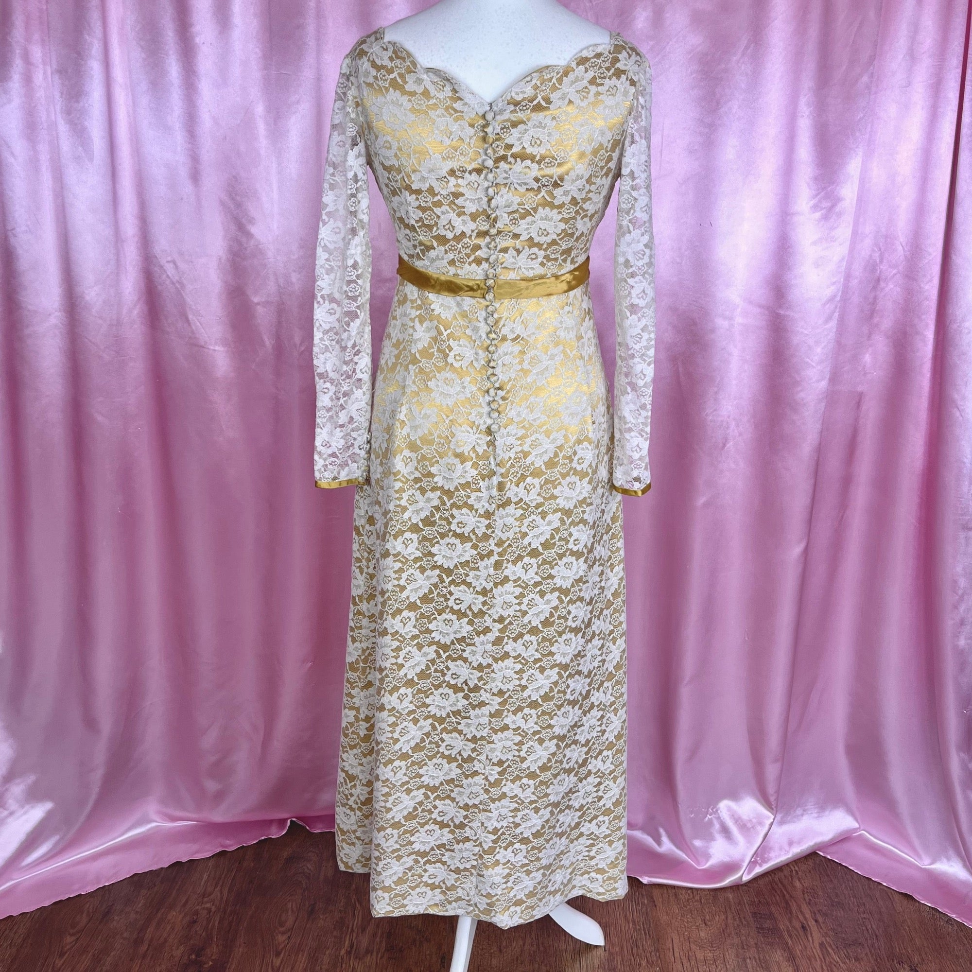 1960s Yellow & lace dress, Handmade, size 12