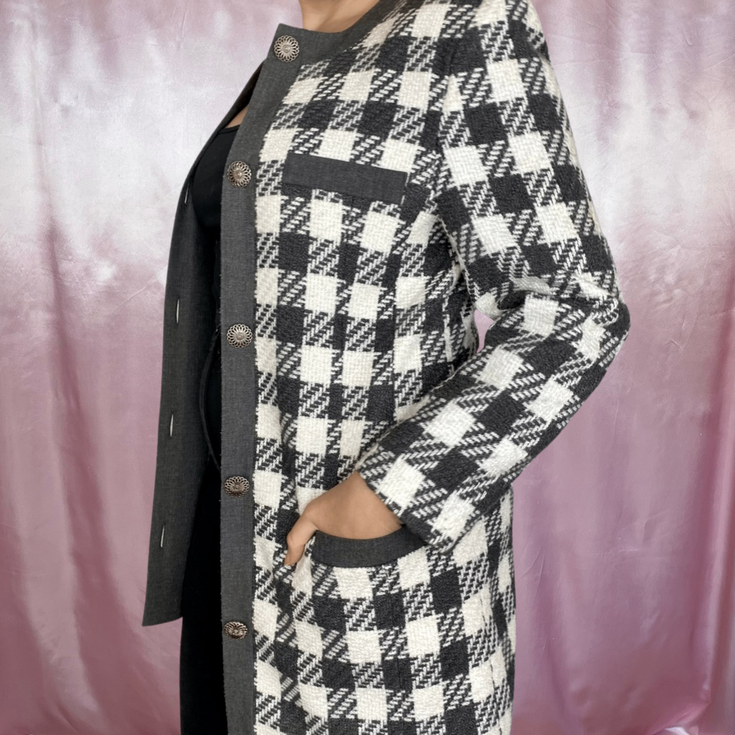 1990s grey & white longline jacket, by Elinette, size 12