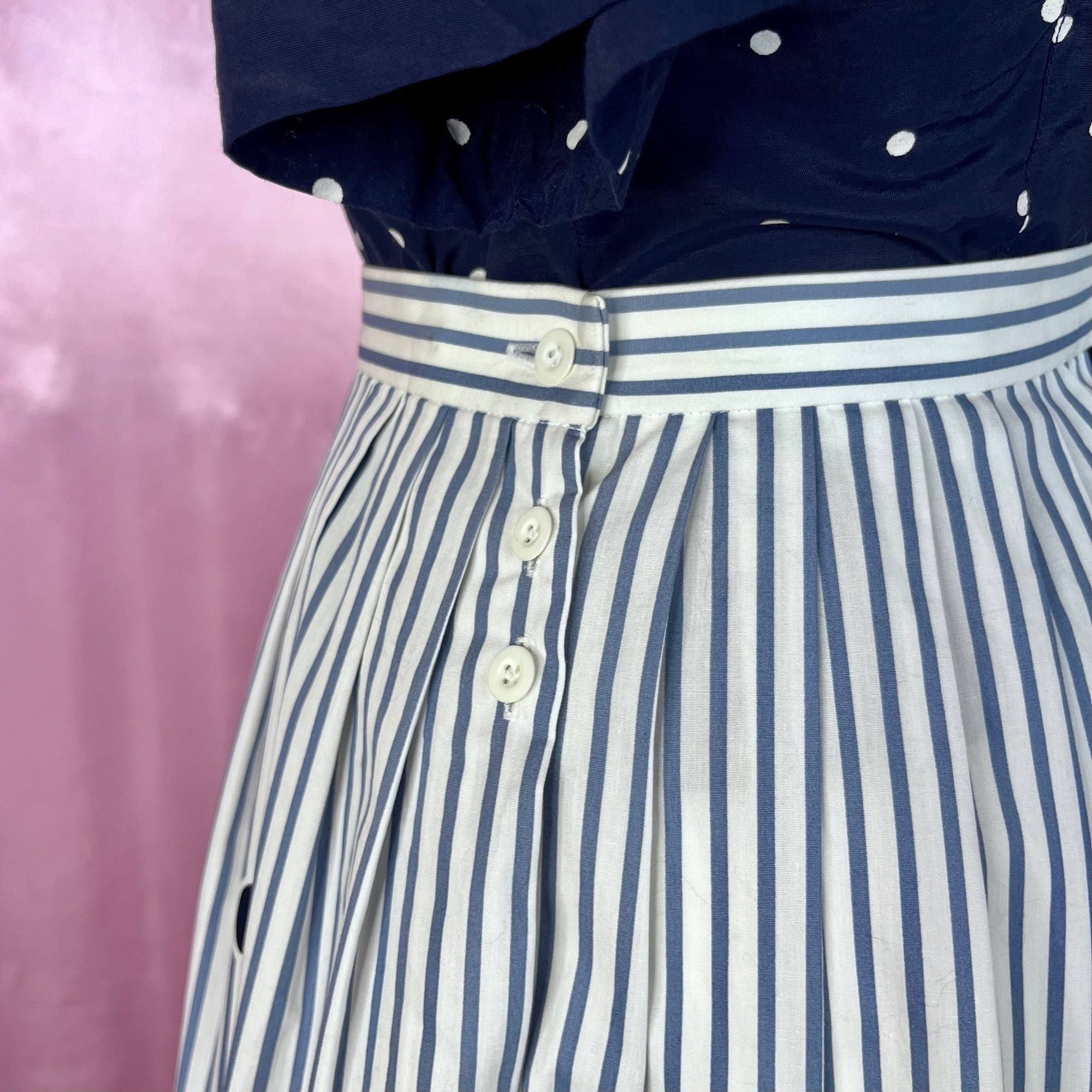 1980s white stripey midi skirt, by Jaeger, size 12