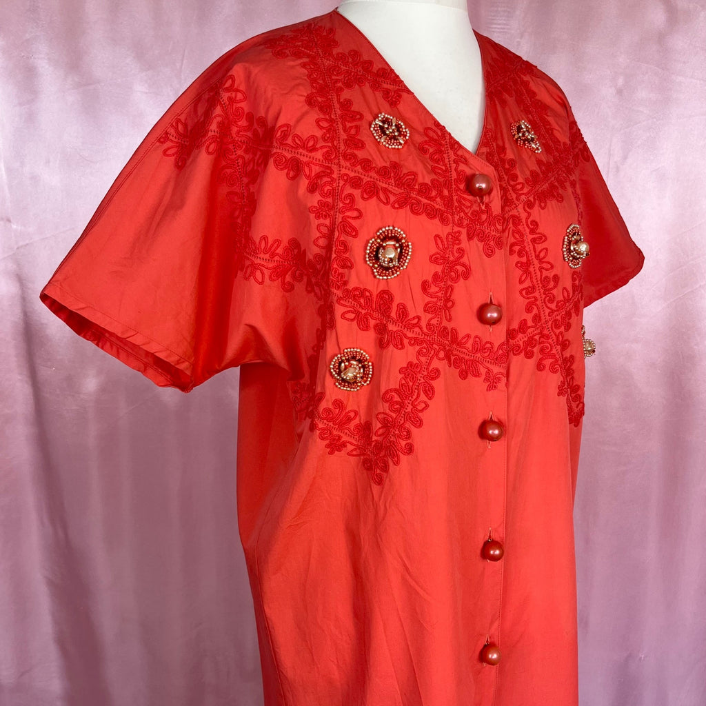 1980s red embroidered dress, by Donatella, size 14
