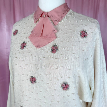 1980s cream beaded jumper, by Honey, size 12