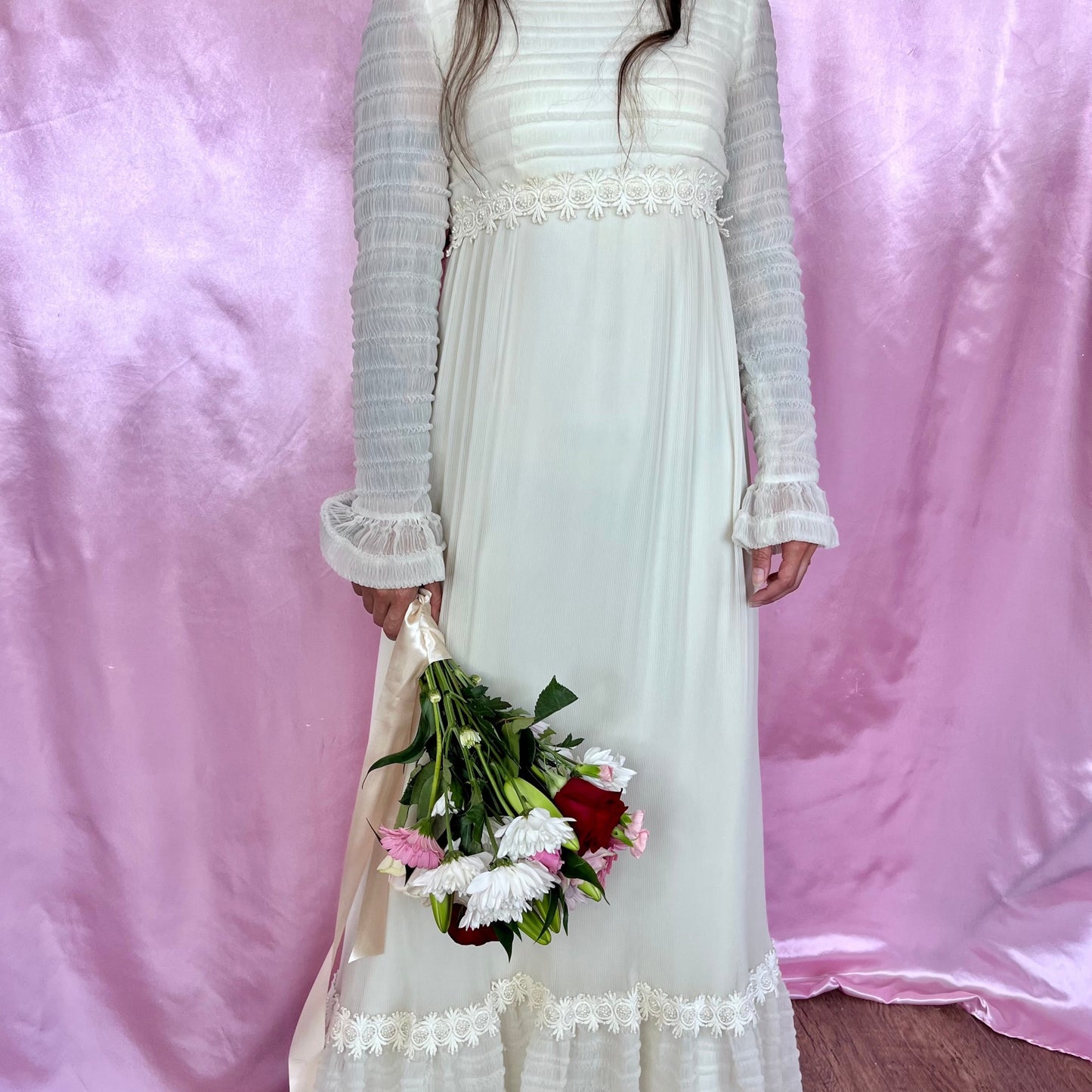 1970s cream boho wedding dress, ILGWU, size 6