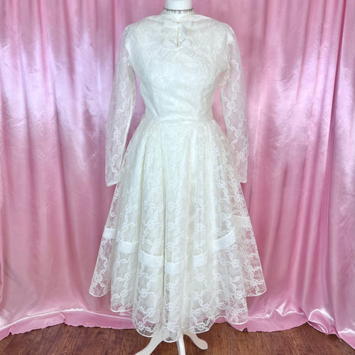 1950s White lace fit & flare dress, handmade, size 8